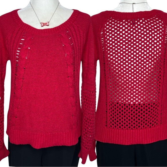 AEO Sweater Open Weave Cable Knit Cotton Wool Blend Pullover Red Medium M - Picture 1 of 12